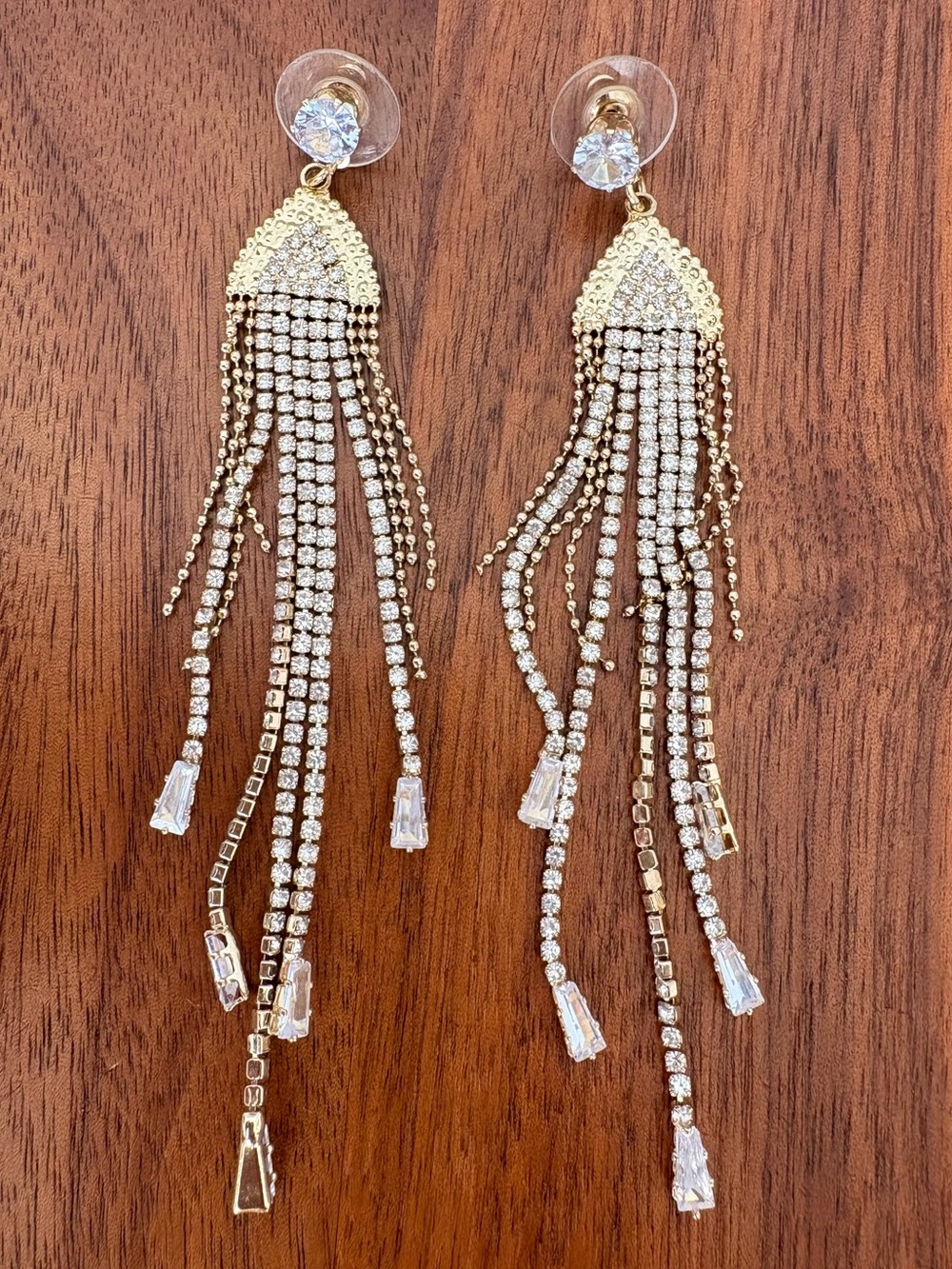 Petit Moments Gold Rhinestone Fringe Statement Earrings | Crystal Chandelier NEW